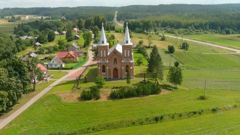 aerial drone view of rural villages and old churches in europe