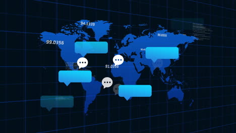 Animación-De-Burbujas-De-Chat-Y-Datos-De-Ubicación-Sobre-El-Mapa-Mundial