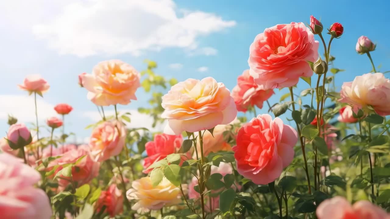 Vibrant roses bloom under a clear blue sky, captured from a low-angle, creating a lively