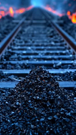 a train track with a pile of coal on it. the coal is on the tracks and the train is not on the tracks