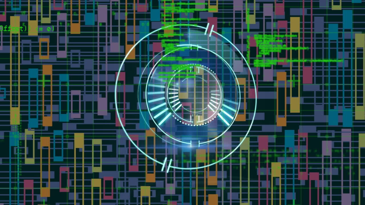 Neon round scanner over data processing against abstract colorful shapes on blue background