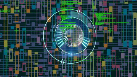 Neon round scanner over data processing against abstract colorful shapes on blue background