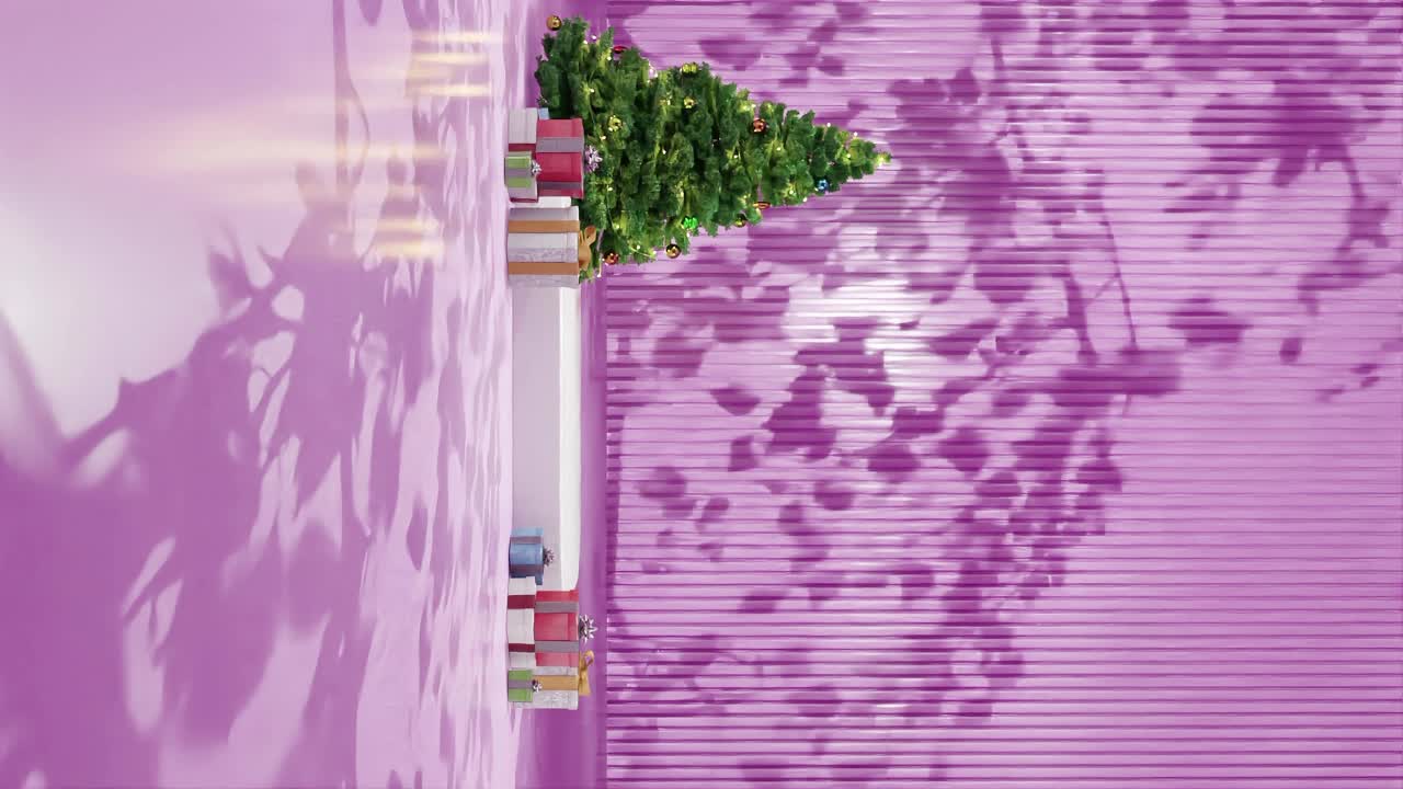 árbol de navidad con adornos y regalos envueltos en un piso verde contra un fondo rosa