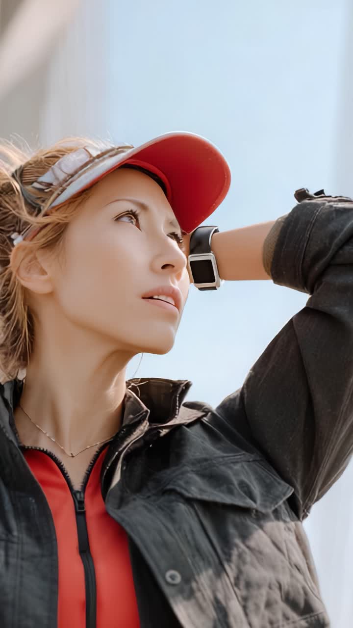 Una donna sicura di sé in abbigliamento sportivo si ferma a riflettere mentre guarda in lontananza, mostrando determinazione e stile con uno sfondo di cielo luminoso