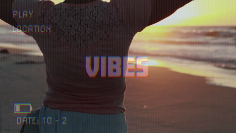 animación de vibraciones de texto sobre la gente en la orilla del mar
