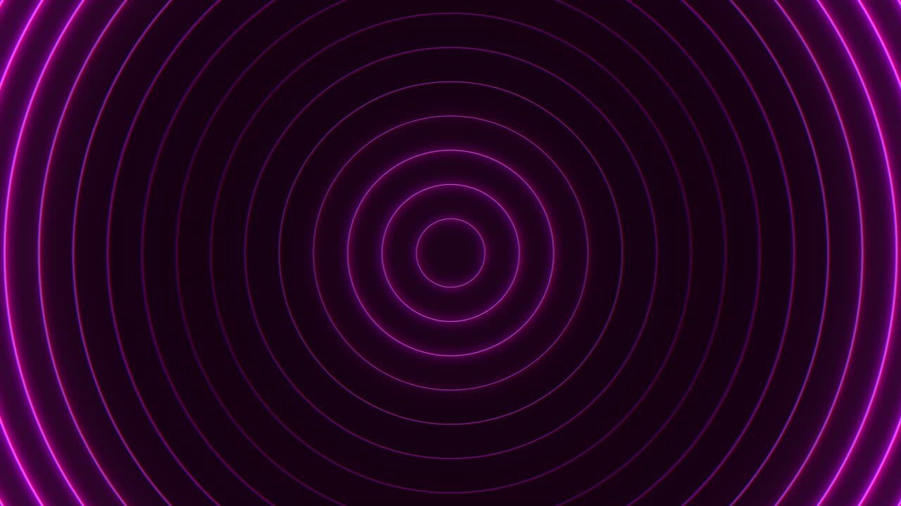 Abstract neon purple concentric circles animation forming glowing radial waves on a dark background, ideal as a futuristic backdrop for presentations, music visuals and motion design projects