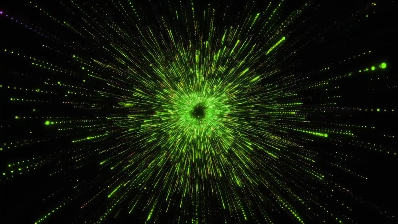Abstract Green Particle Explosion Radiating Outward on Black Background