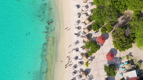 drone top down trucking pan along grote knip curacao beach as tourists swim in clear water