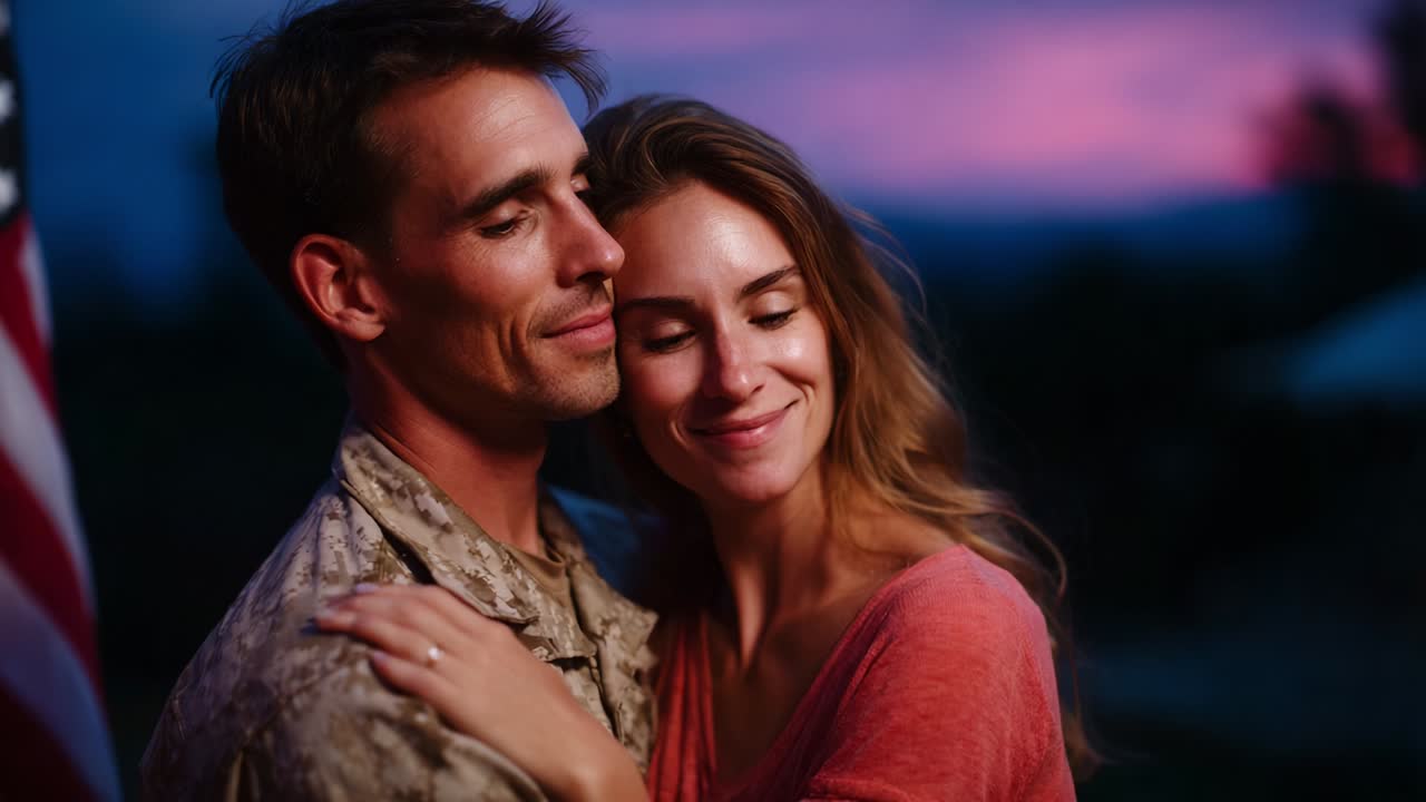 A Heartwarming Reunion: An Emotive Embrace Between a Soldier and His Loved One Captured Against a Stunning Sunset Background, Symbolizing Love, Sacrifice, and the Joy of Togetherness