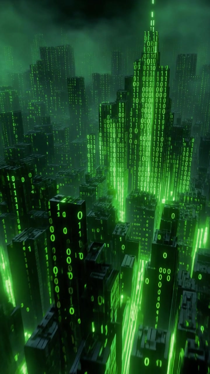 Futuristic Digital Cityscape with Glowing Binary Code Data Streams