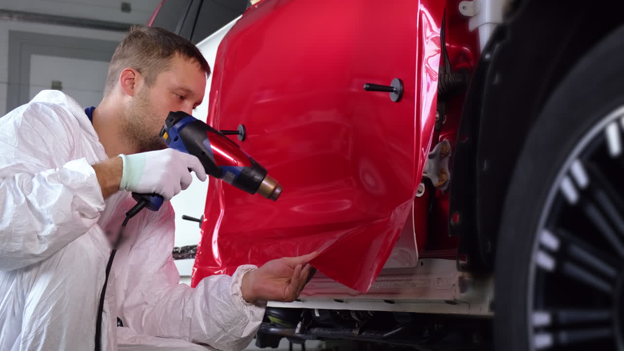 la aplicación de envoltura de vinilo a una puerta de coche
