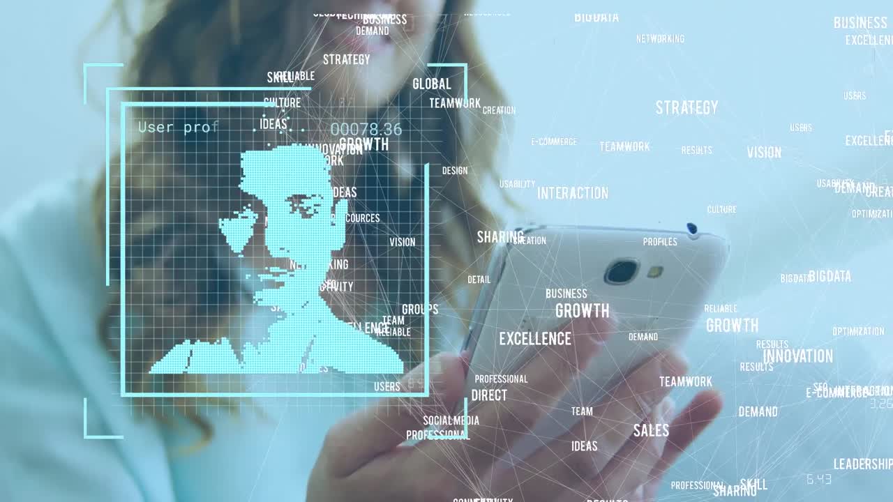 animación de personas iconos sobre mujer caucásica usando teléfono inteligente