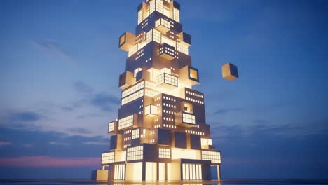a striking architectural design showcasing a tower of cubes illuminated against a twilight sky, highlighting modern aesthetic and innovative construction techniques