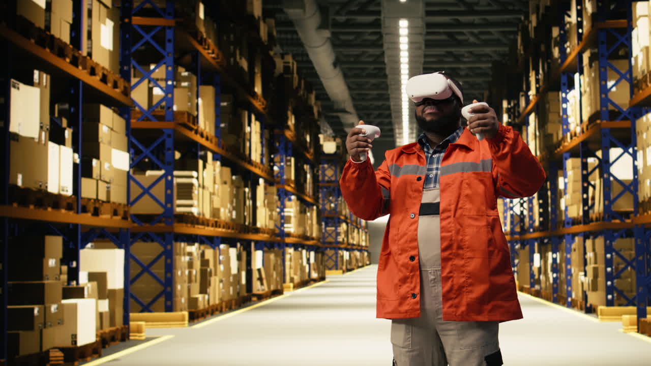 African american worker using virtual reality glasses for e-commerce orders