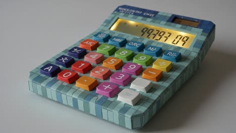 A Colorful Desktop Calculator Displaying Numerical Values with a Unique Design and Vibrant Keypad for Efficient Arithmetic Calculations
