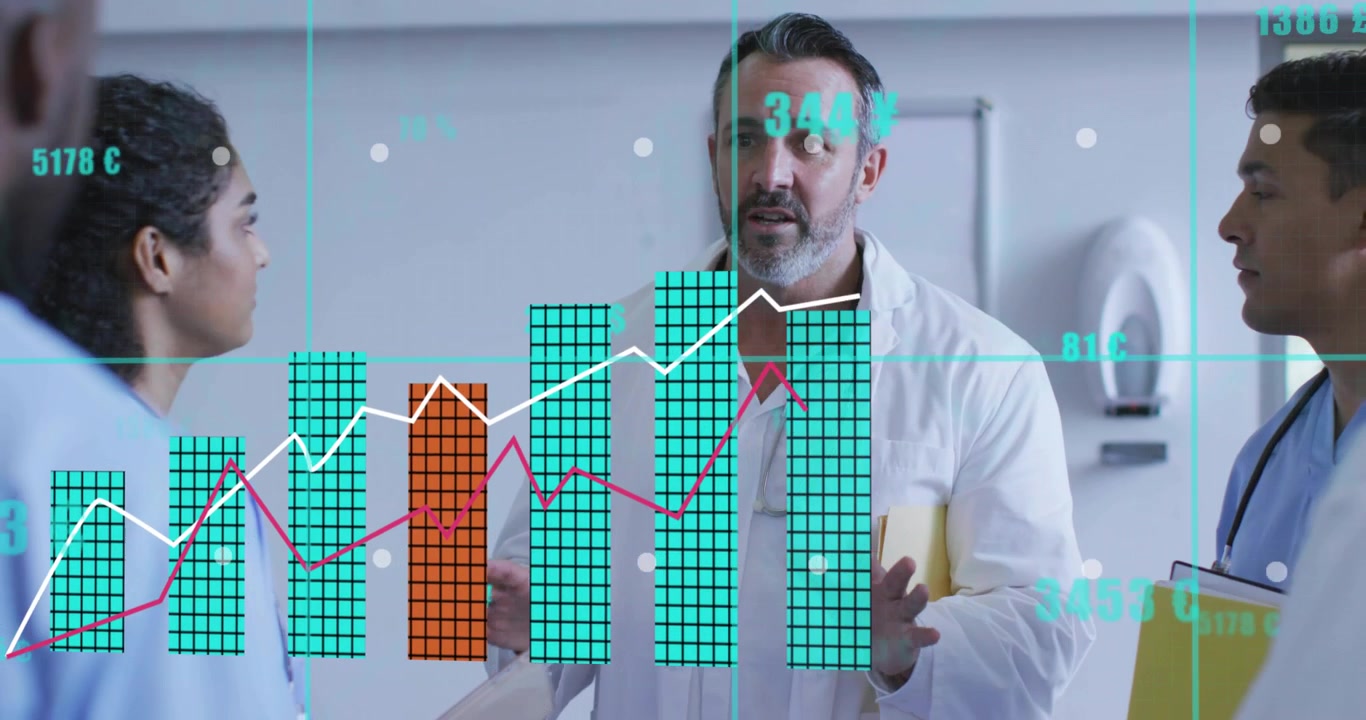 White-coated doctor speaking in hospital and starting animated charts reviewing patient data trends
