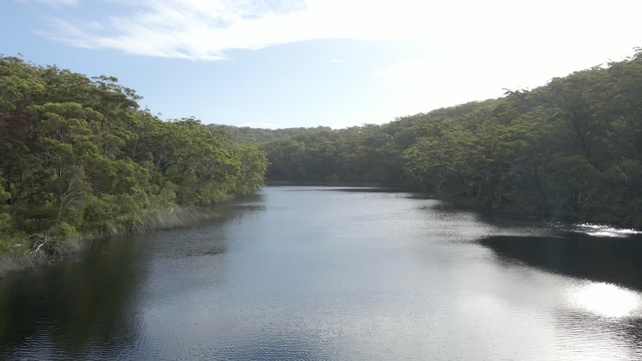 agua prístina del lago azul con un denso matorral en la isla de north stradbroke en queensland, australia