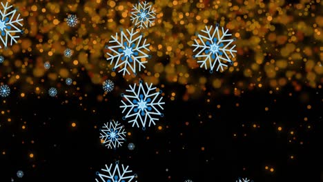 Animation-of-snowflakes-over-light-spots-on-black-background