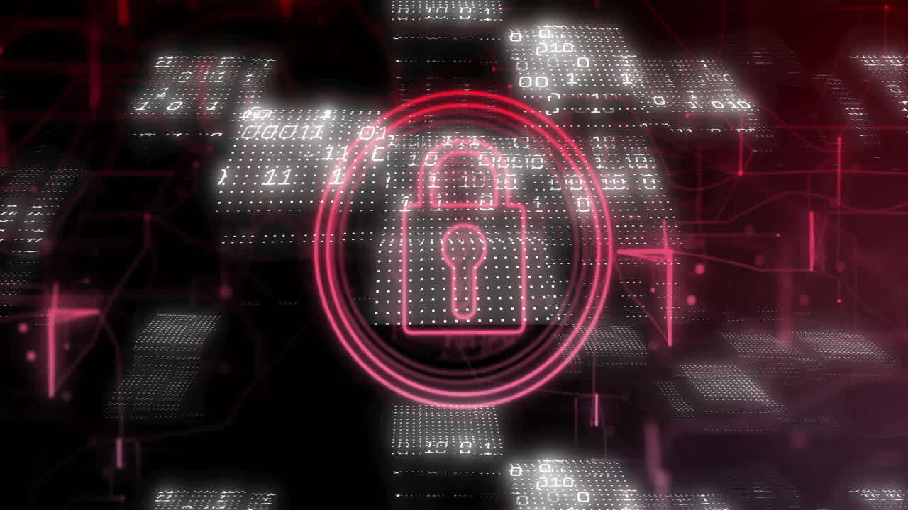 Lock icon and binary code, cybersecurity animation over digital background
