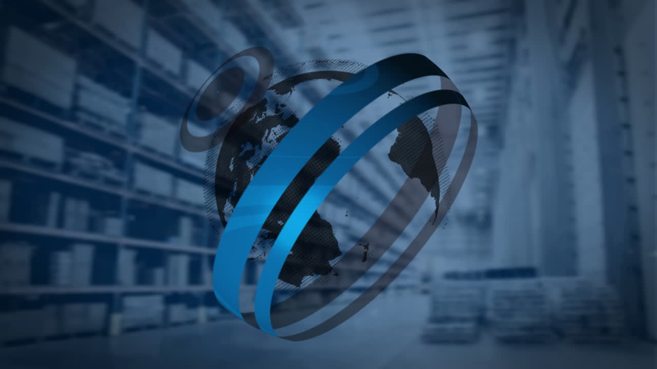 둥근 스캐너와 지구가 배경에 창고에 대해 회전