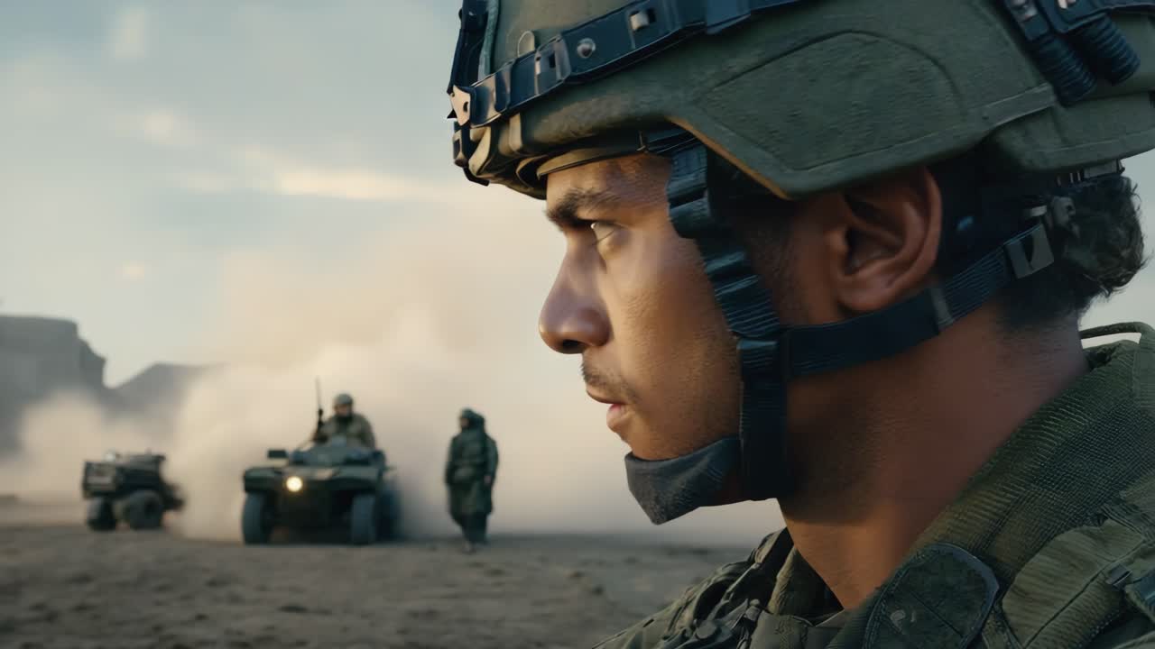 Military personnel wearing helmet and camouflage uniform maintains focused gaze as all terrain vehicles traverse dusty landscape in the background