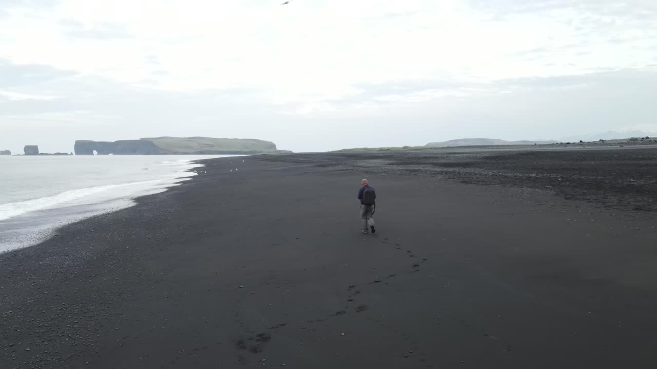 Person Walking Along a Black Sand Beach in Iceland