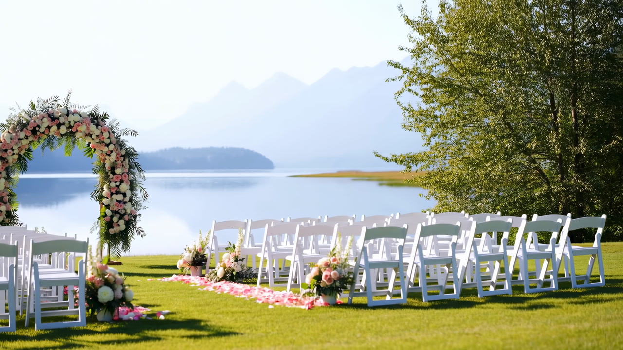 Lake Shore Wedding Setup With White Chairs And Floral Arch, Petals Lining Aisle Under Tree Shade, Calm Water
