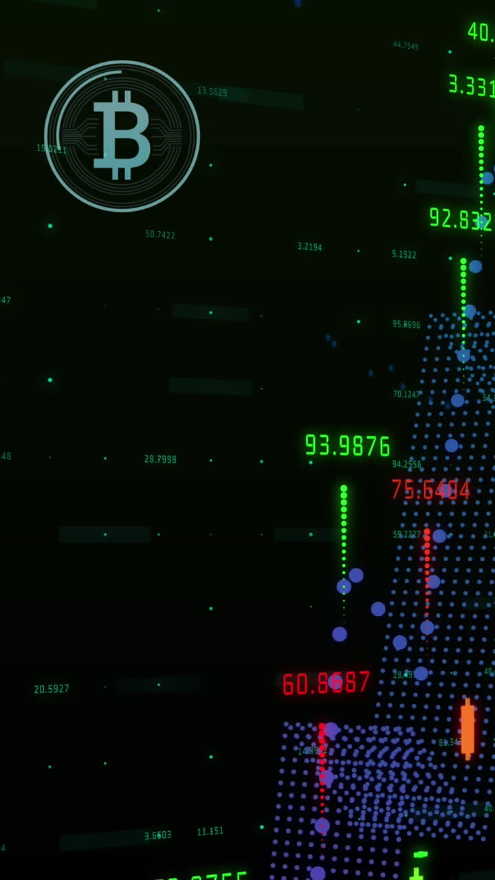 animación del procesamiento de datos y el símbolo de bitcoin sobre fondo negro