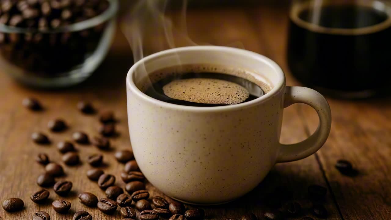 Video af en kaffekop i nærbillede, der damper på et træbord, omgivet af kaffebønner. Varm
