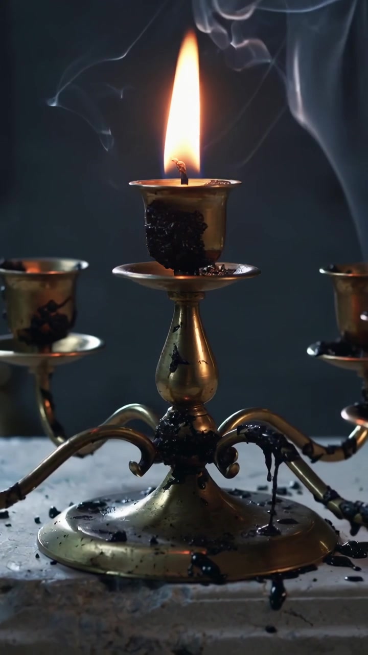 Vertical video: Igniting brass 3arm candelabra with center wick burning on pale table