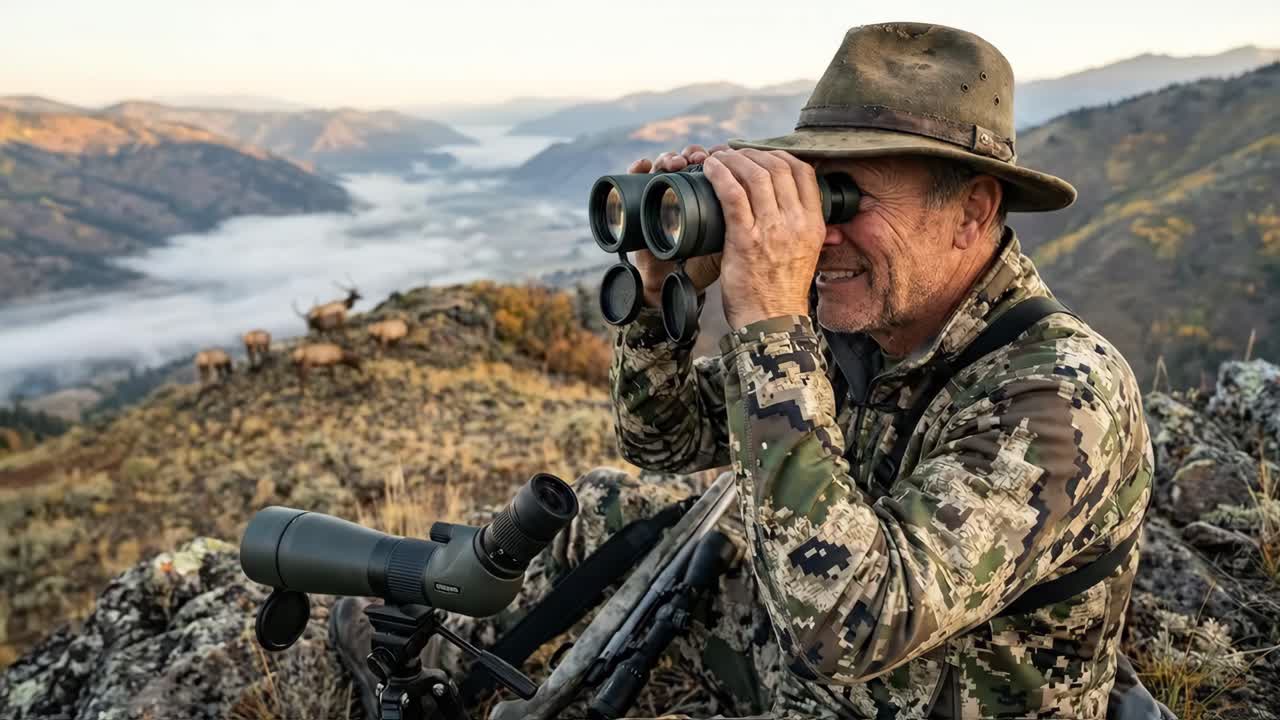 Cacciatore che usa il binocolo per avvistare l'alce sulle montagne isolate
