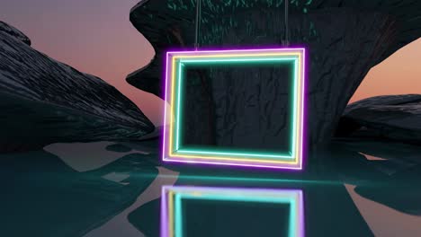 neon square frame in abstract landscape