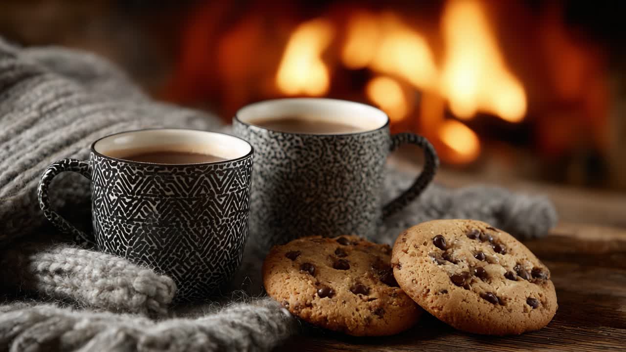 Tasses de café chaudes et délicieux biscuits près de la cheminée douillette : une combinaison parfaite pour une soirée relaxante