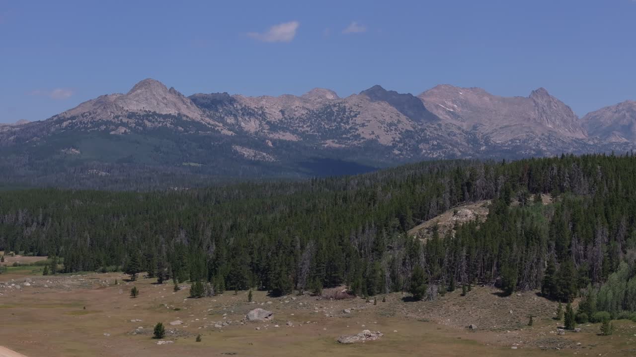 Aerial trucking pan of evergreen forest on edge of grassy plains, Big Sandy Trailhead in Wind River Wilderness, Wyoming, with green fields, forests, and distant mountain ranges