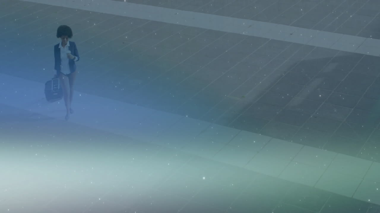 Walking with suitcase, businesswoman on futuristic grid background with animation effects