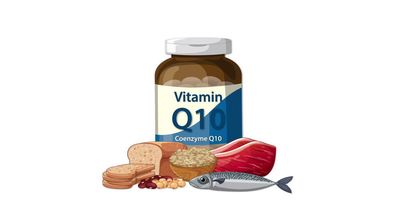 Vitamin Q10 bottle appears with fish, tuna, nuts, and grains on a clean white background