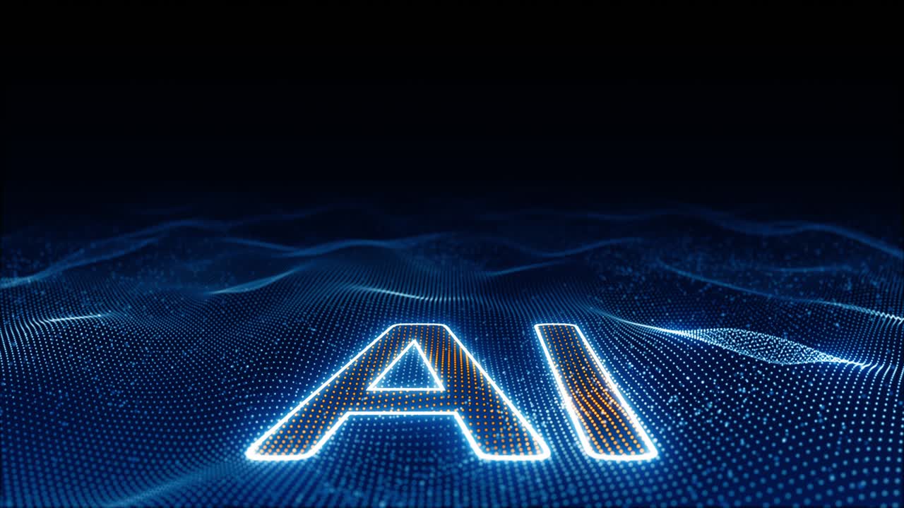gráfico de movimiento de onda de partículas brillantes azules con logotipo naranja ai tecnología futurista en fondo abstracto video de bucle sin costuras