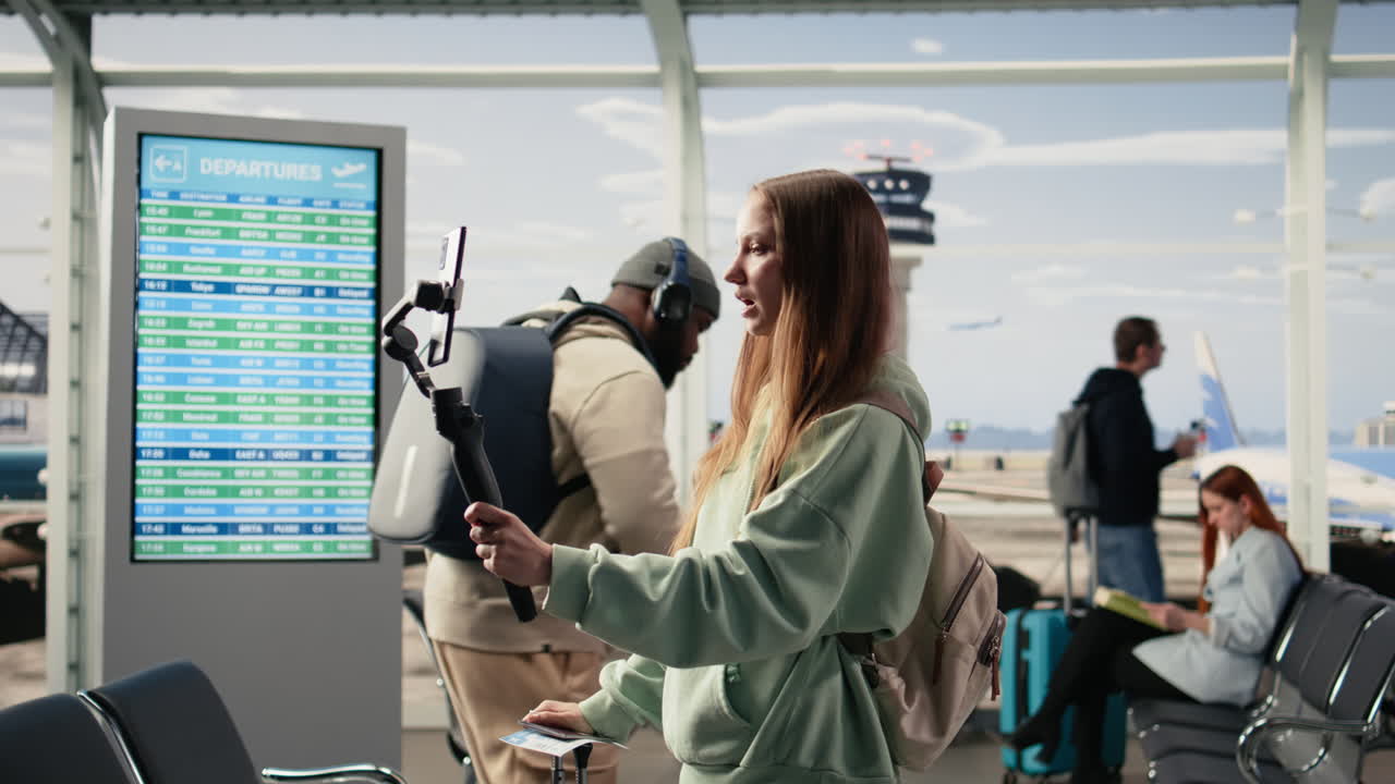 Giovane donna che fa vlogging nel terminal dell'aeroporto prima del volo.