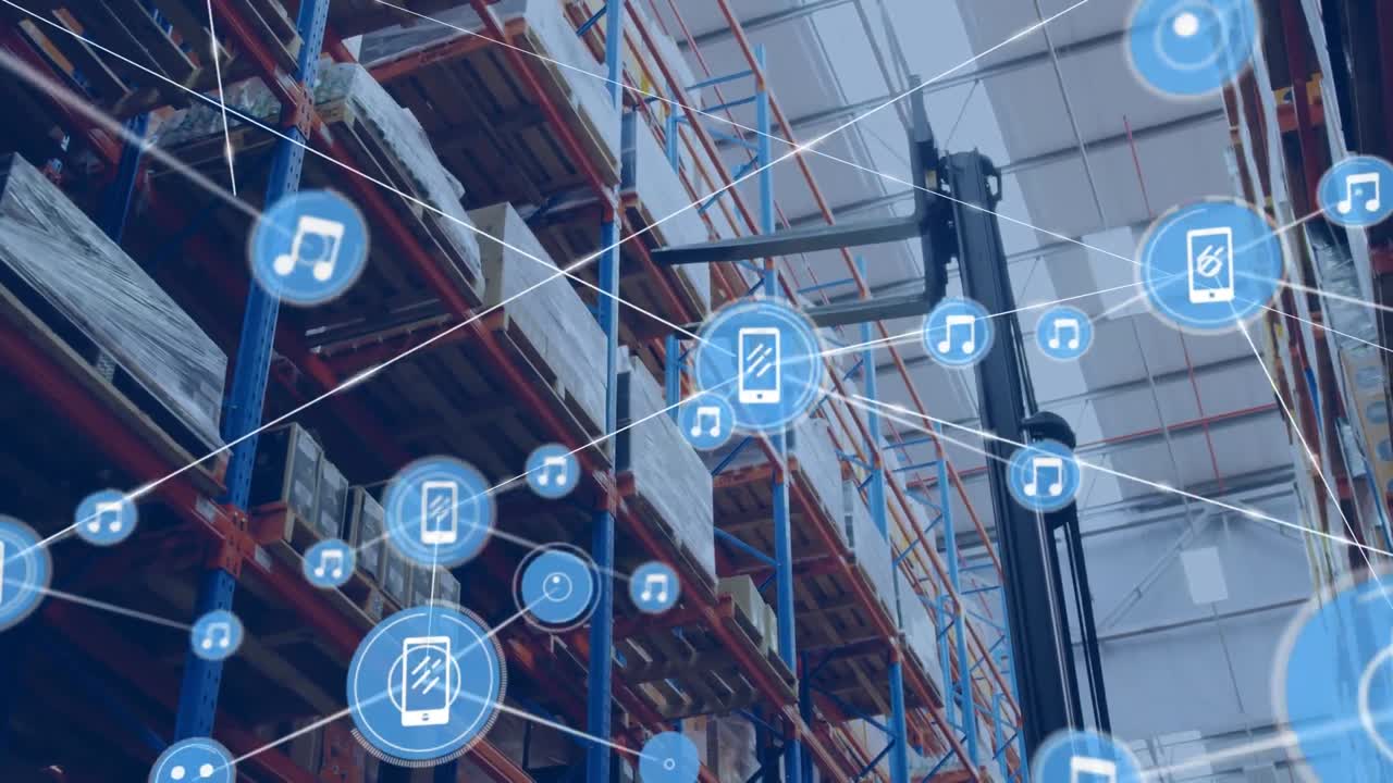 빈 창고 위에 아이콘으로 연결된 네트워크의 애니메이션