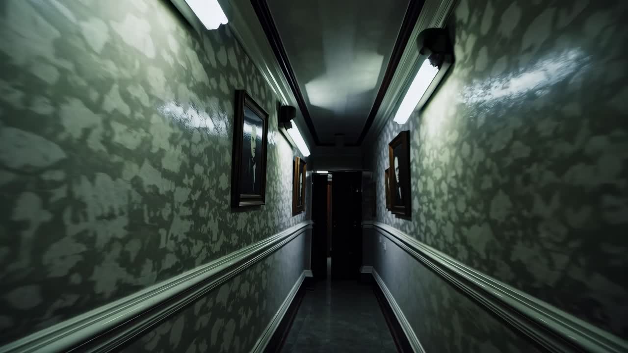 Eerie, dimly lit hallway with flickering lights, captured from a low-angle perspective