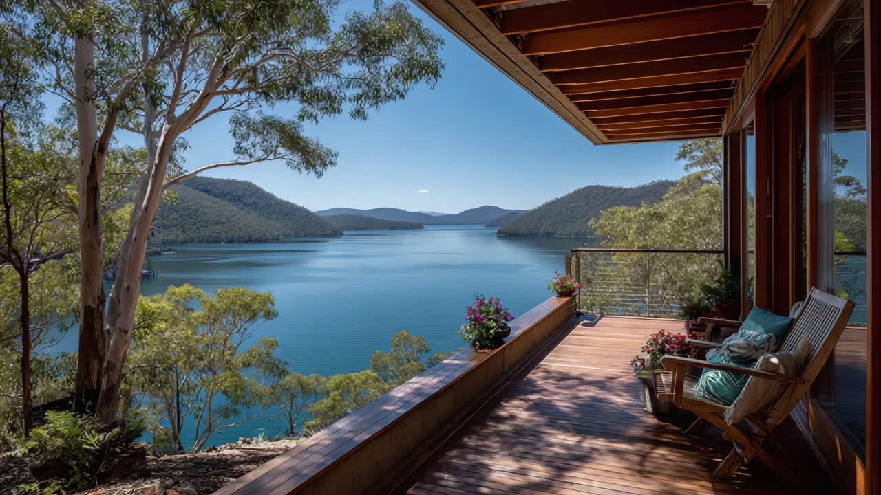 Breathtaking View from a Scenic Deck Overlooking a Serene Lake Surrounded by Lush Forests and Majestic Mountains on a Clear Sunny Day