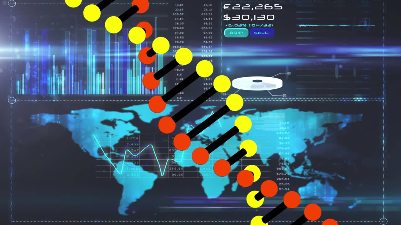 animación de la cadena de adn volteando la interfaz con el mapa del mundo y el procesamiento de datos