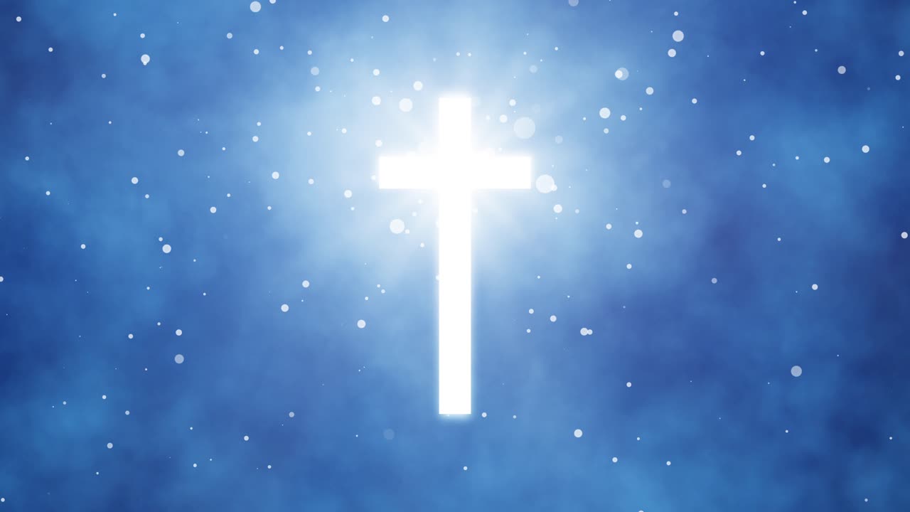 Loopable luminous white cross glowing in blue heavenly light with floating particles, divine presence, spiritual awakening, sacred illumination
