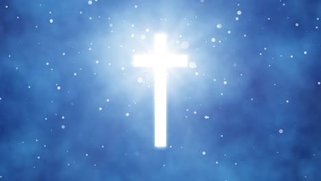 loopable luminous white cross glowing in blue heavenly light with floating particles, divine presence, spiritual awakening, sacred illumination