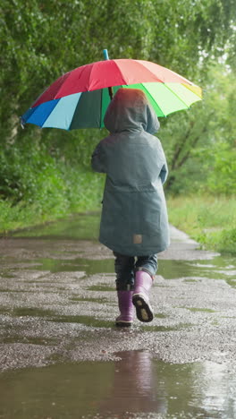 kid strolls through park with umbrella. opened multicolored parasol serves as vibrant ensemble against spring showers. transforming gloomy weather in bright scene