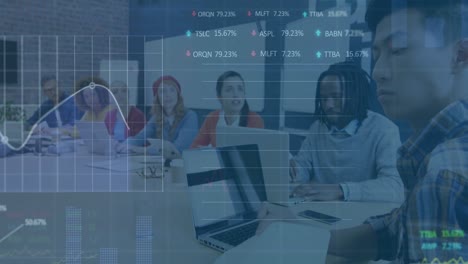 animación del procesamiento de datos del mercado de valores sobre diversos colegas que tienen una reunión en la oficina.