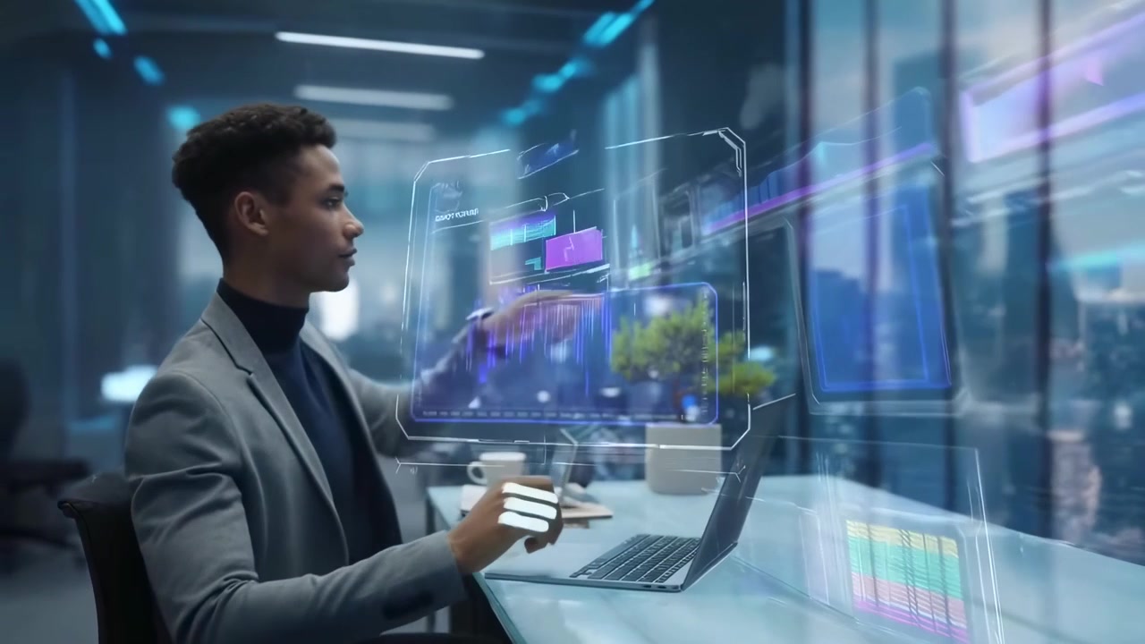 Young Professional Interacting with Holographic Data Interface in Modern Office