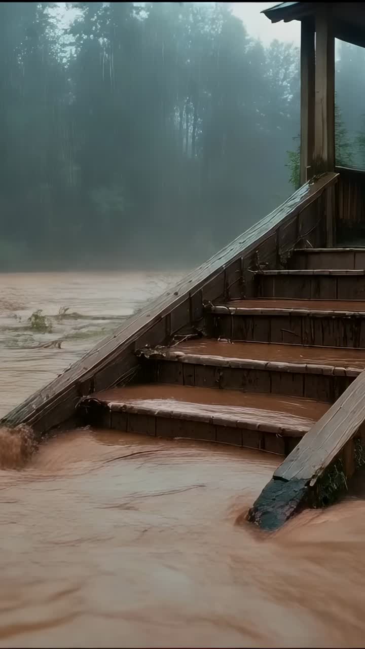 Vertical video: Surging floodwater washing wooden steps at cabin porch from heavy rain, with debris