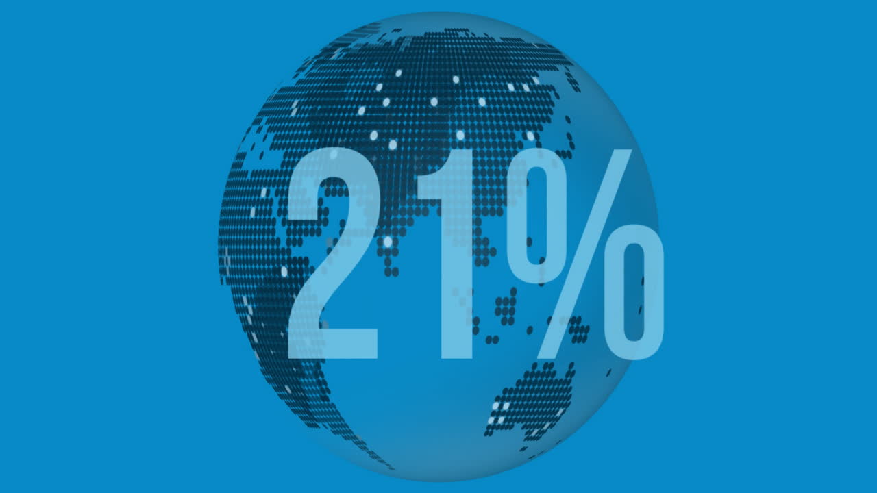 animación del porcentaje creciente sobre el globo giratorio contra un fondo azul