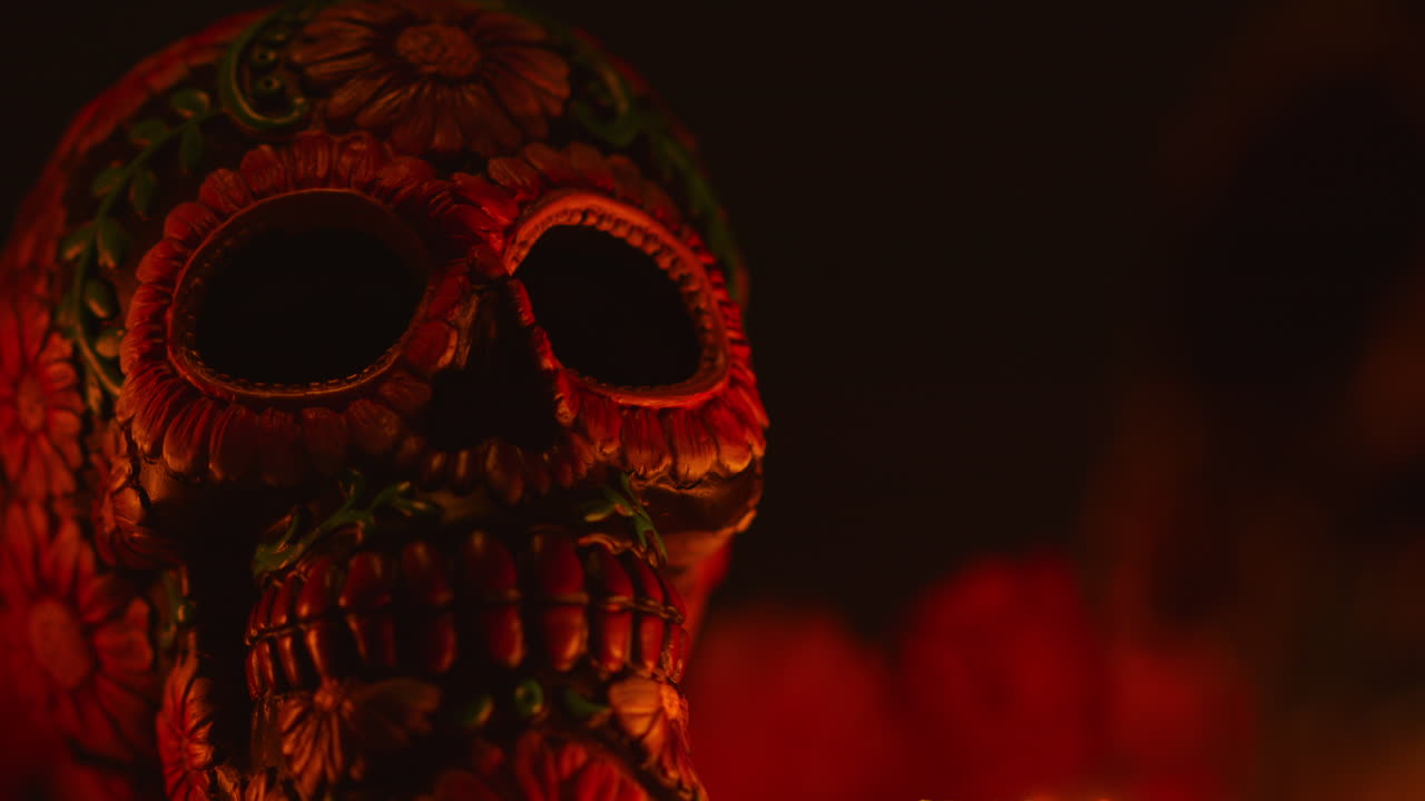 Close Up On Still Life Of Decorated Skull Celebrating Mexican Holiday Of Dia De Muertos Or Day Of The Dead